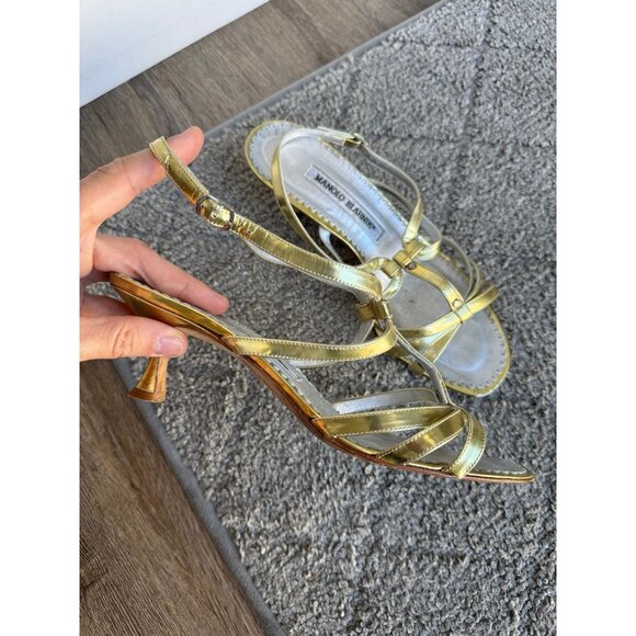 Vintage Manolo Blahnik Gold Metallic Heeled Sandal 37 IT 6.5 US low heel - Picture 3 of 4
